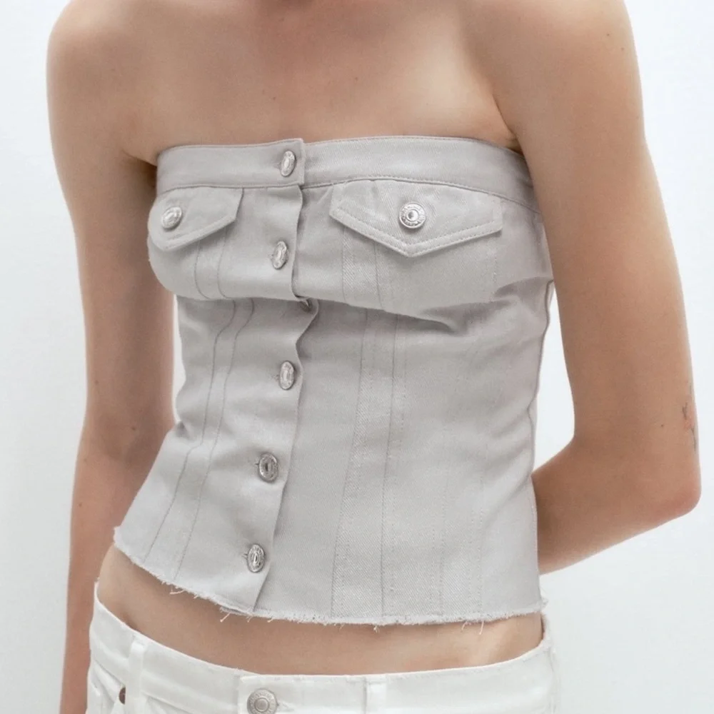 Zara denim button up shimmery tube top